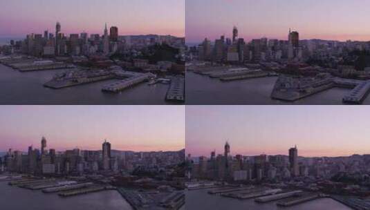 航拍黄昏下的城市港口高清在线视频素材下载