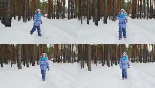 女孩在树林中的雪地上玩耍高清在线视频素材下载