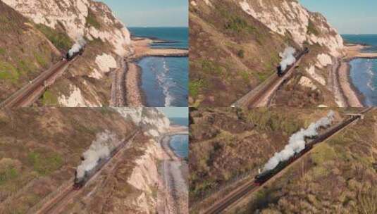 航拍蒸汽火车蒸汽机车复古列车穿过隧道高清在线视频素材下载