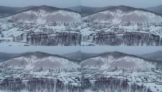 航拍大兴安岭林场山村人家雪景高清在线视频素材下载