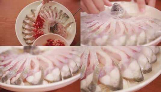【镜头合集】蒸熟的鱼肉装盘高清在线视频素材下载
