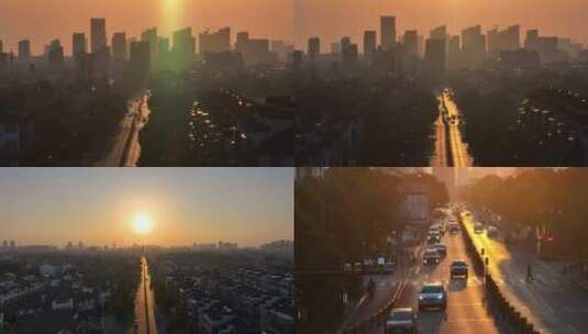 航拍南浔城市夕阳高清在线视频素材下载