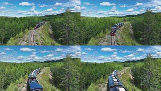 航拍行驶在大兴安岭的森林小火车高清在线视频素材下载