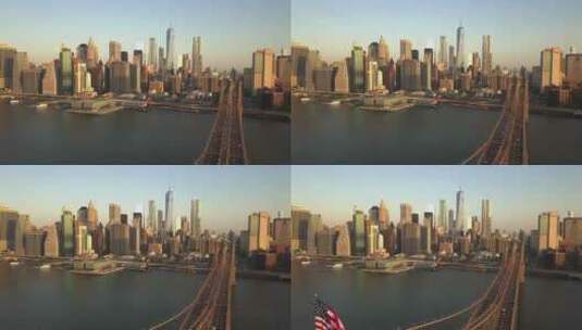 美国航空公司：在布鲁克林大桥上空向后飞行，曼哈顿景观特写美国国旗高清在线视频素材下载