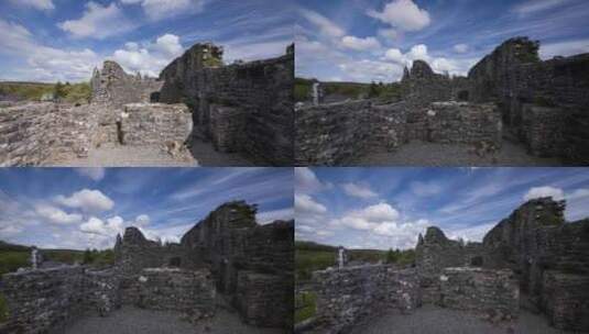 爱尔兰莱特林郡克里维利亚修道院中世纪废墟的全景运动时间流逝高清在线视频素材下载