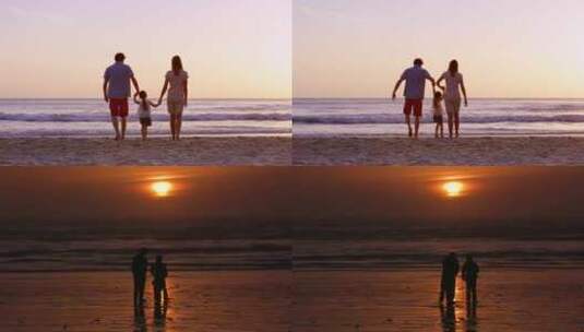 幸福的一家人三口海边散步看夕阳晚霞高清在线视频素材下载