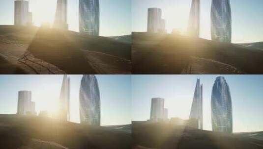 4K 日落时沙漠中的摩天大楼高清在线视频素材下载