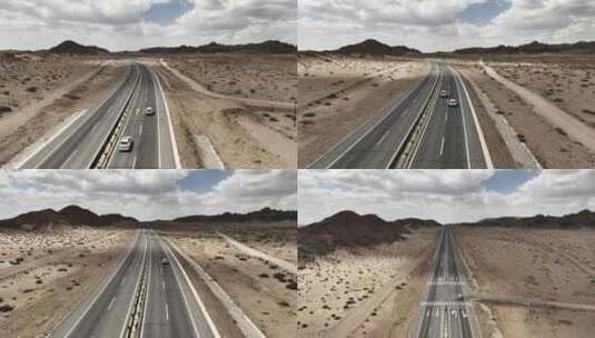 航拍荒漠公路汽车行驶高清在线视频素材下载