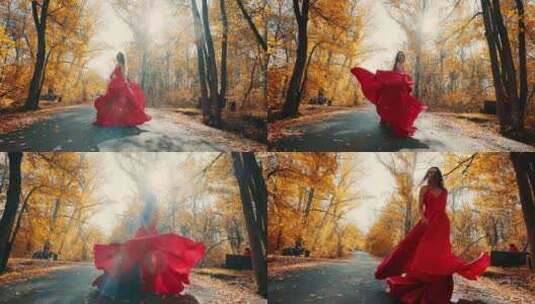 穿着红色连衣裙在公园里跑步的美丽女人高清在线视频素材下载