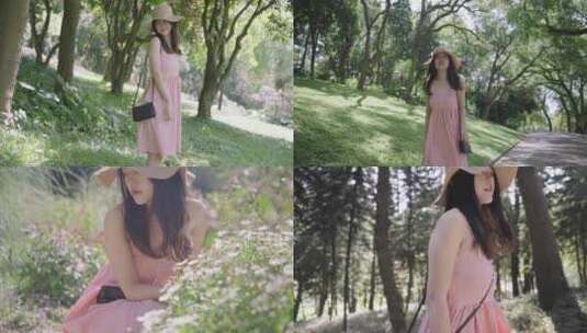 夏日时尚性感美女独自走在树林里享受美好高清在线视频素材下载