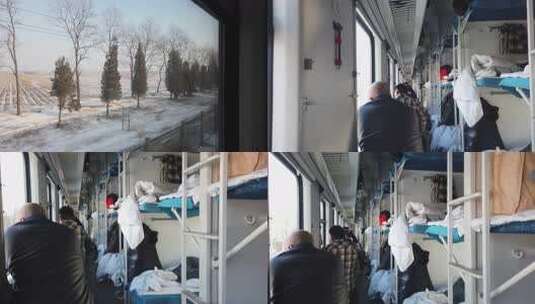 绿皮火车 男子在火车卧铺车厢看向窗外高清在线视频素材下载