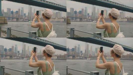 游客在城市的大桥底下拍照高清在线视频素材下载