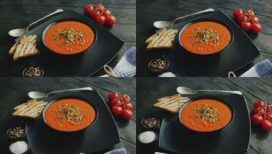 番茄汤配脆面包高清在线视频素材下载