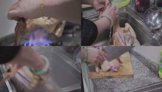 家庭厨房灶火烧烤鸡毛砍鸡分鸡清洗 4k实拍高清在线视频素材下载