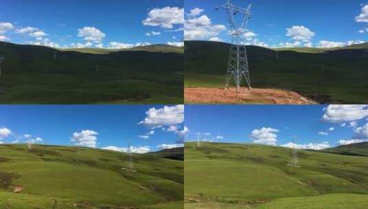高山草原与高压电塔高清在线视频素材下载