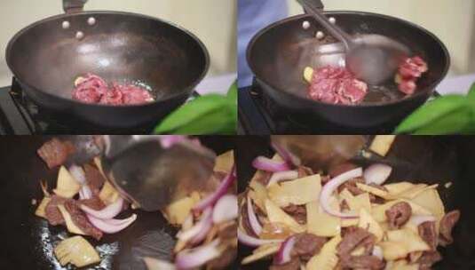 【镜头合集】炝锅炒制葱爆牛肉高清在线视频素材下载