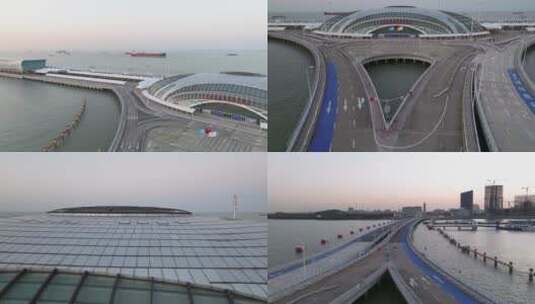 航拍吴淞口码头船舶货轮大海桥梁高清在线视频素材下载