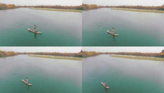 新疆秋景 金色胡杨林 新疆老人湖中泛舟高清在线视频素材下载