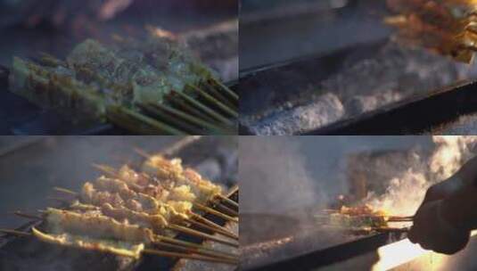 厨房后厨美食烤板筋牛板筋串盒子烤串高清在线视频素材下载