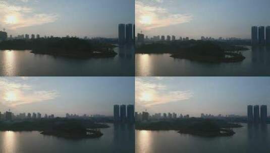 城市航拍湖景升镜头高清在线视频素材下载