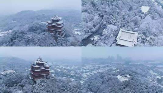 4K航拍杭州吴山城隍阁冬天雪景视频合集高清在线视频素材下载