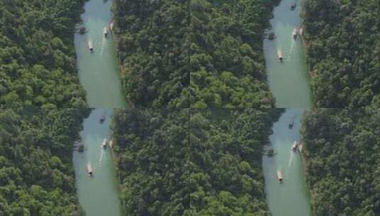 贵州荔波大七孔航拍 船在绿色湖面上航行高清在线视频素材下载