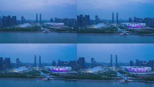 杭州奥体中心夜景航拍延时摄影高清在线视频素材下载