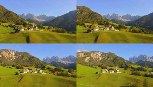 欧洲阿尔卑斯山意大利多洛米蒂人的基耶萨·迪·圣塔·马达莱纳教堂的宽无人机镜头。足球标签高清在线视频素材下载