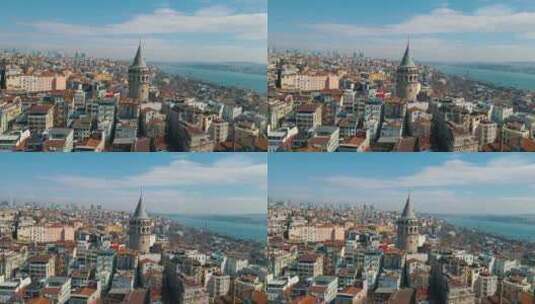 加拉塔塔的鸟瞰图，伊斯坦布尔古老的象征之一。博斯普鲁斯海峡和伊斯坦布尔的天际线。高清在线视频素材下载