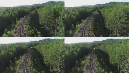 航拍莫尔道嘎国家森林公园观光小火车高清在线视频素材下载