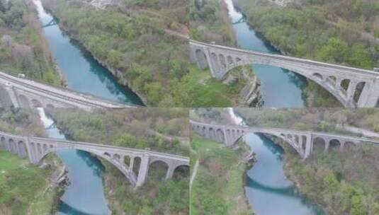 斯洛文尼亚Isonzo（Soca）河上方Solkan桥的鸟瞰图高清在线视频素材下载
