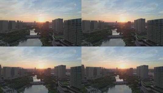 航拍上海松江五龙湖公园景观桥日落风光高清在线视频素材下载