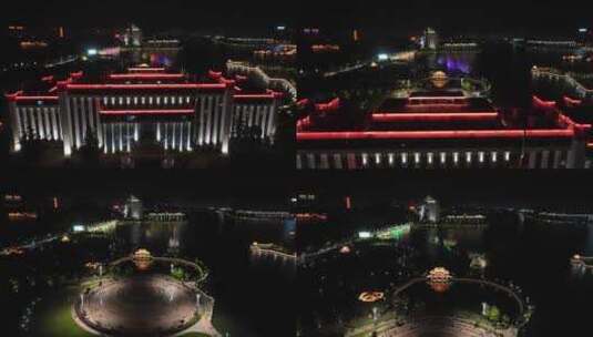 4K航拍鄂州地标城市夜景凤凰广场喷泉夜景高清在线视频素材下载