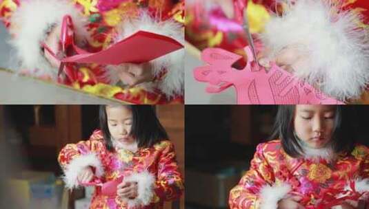 可爱小女孩剪纸剪出春字 儿童剪纸手工剪纸高清在线视频素材下载
