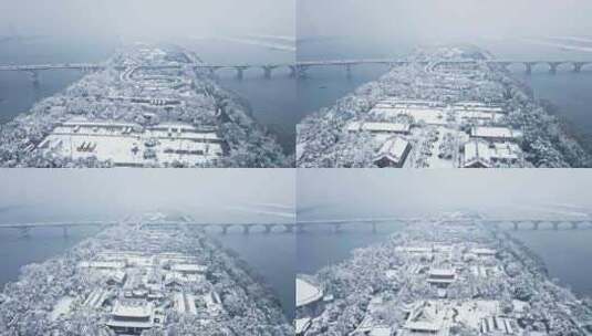 长沙湘江橘子洲大雪雪景航拍高清在线视频素材下载