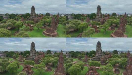 泰国大城府阿瑜陀耶遗址玛哈泰寺航拍高清在线视频素材下载