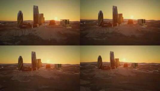 4K 日落时沙漠中的摩天大楼高清在线视频素材下载