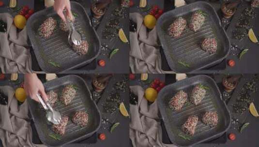 烹饪芝麻烤金枪鱼女人把芝麻覆盖的金枪鱼牛高清在线视频素材下载
