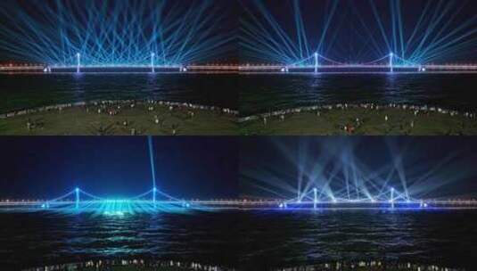 航拍大连星海湾跨海大桥灯光秀高清在线视频素材下载