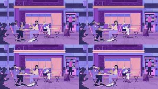 傍晚线卡通动画的人行道餐厅高清在线视频素材下载