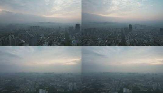 山东淄博城市清晨日出迷雾航拍高清在线视频素材下载