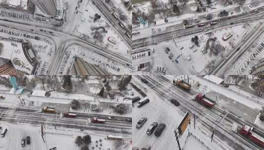 雪天城市街道的车辆与行人活动高清在线视频素材下载