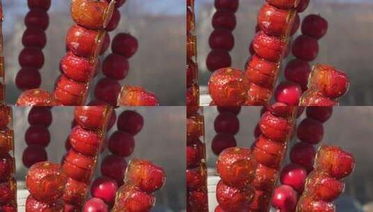 糖葫芦 冰糖葫芦 水果 甜食 糖 路边摊高清在线视频素材下载