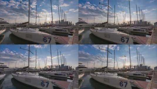 青岛奥林匹克帆船中心帆船停放日落延时高清在线视频素材下载