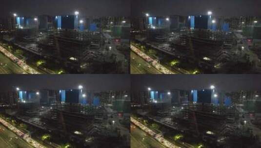 航拍夜幕下的建筑工地 塔吊高清在线视频素材下载