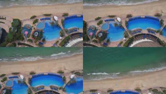 顶视航拍深圳大梅沙京基洲际度假酒店游泳池高清在线视频素材下载