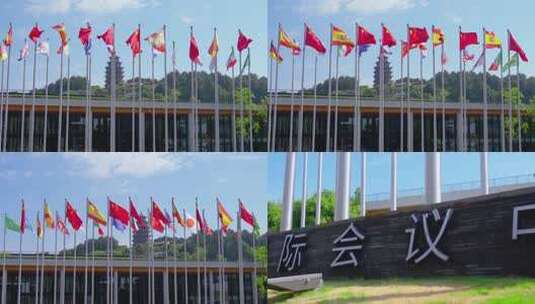 国际会议中心多国旗帜飘扬高清在线视频素材下载