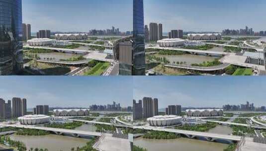 航拍杭州亚运会主场馆奥体中心体育馆高清在线视频素材下载