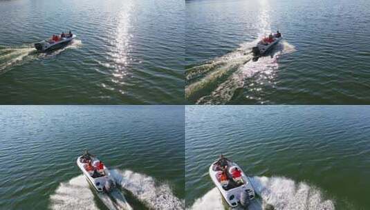 在河上航行的船。在河上航行的摩托艇的无人机视图高清在线视频素材下载