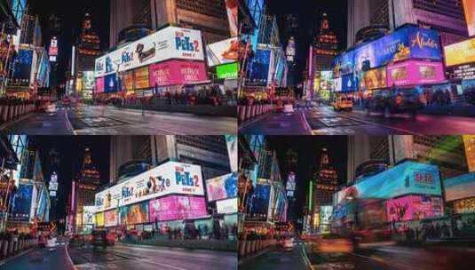 美国纽约市——2019年6月20日：汽车、交通和人群在夜晚冲向时代广场。全景延时。高清在线视频素材下载